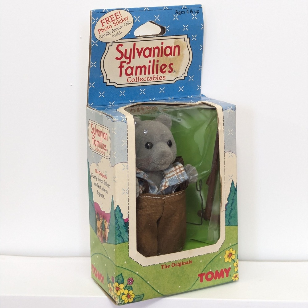 Vtg Sylvanian Families Gray Bear Grandpa Ernest Evergreen Glasses Stick 80s NEW